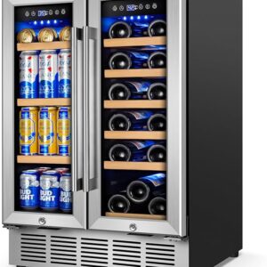 FoMup Wine and Beverage Refrigerator with Glass Door, 24-Inch Dual Zone Wine Fridge Under Counter - 18 Bottle and 88 Can Large Capacity Led Blue Light Smart Fast Cooling Wine Cooler