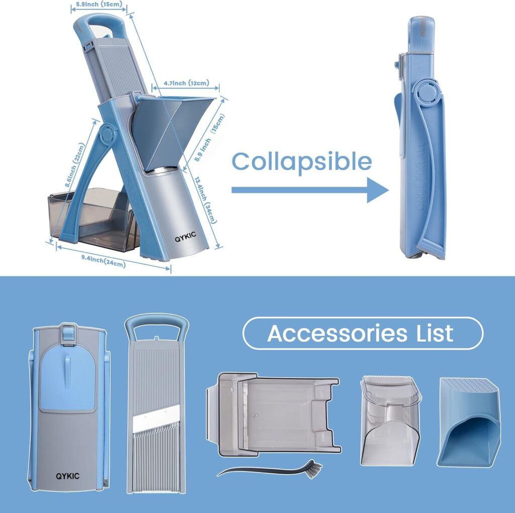 QYKIC Upgrade Safe Mandoline Slicer for Kitchen, Vegetable Chopper and Slicer, Potato Slicer Thickness Adjuster, French Fry Cutter, Veggie Onion Dicer Faster Kitchen Mandolin for Meal Prep (Blue)