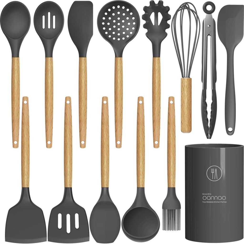 oannao Silicone Cooking Utensils Kitchen Utensil Set - 446°F Heat Resistant Silicone Kitchen Utensils Set, Spatula,Turner Tongs, Spoon, Whisk,Kitchen Gadgets for Nonstick Cookware, BPA Free (Gray)