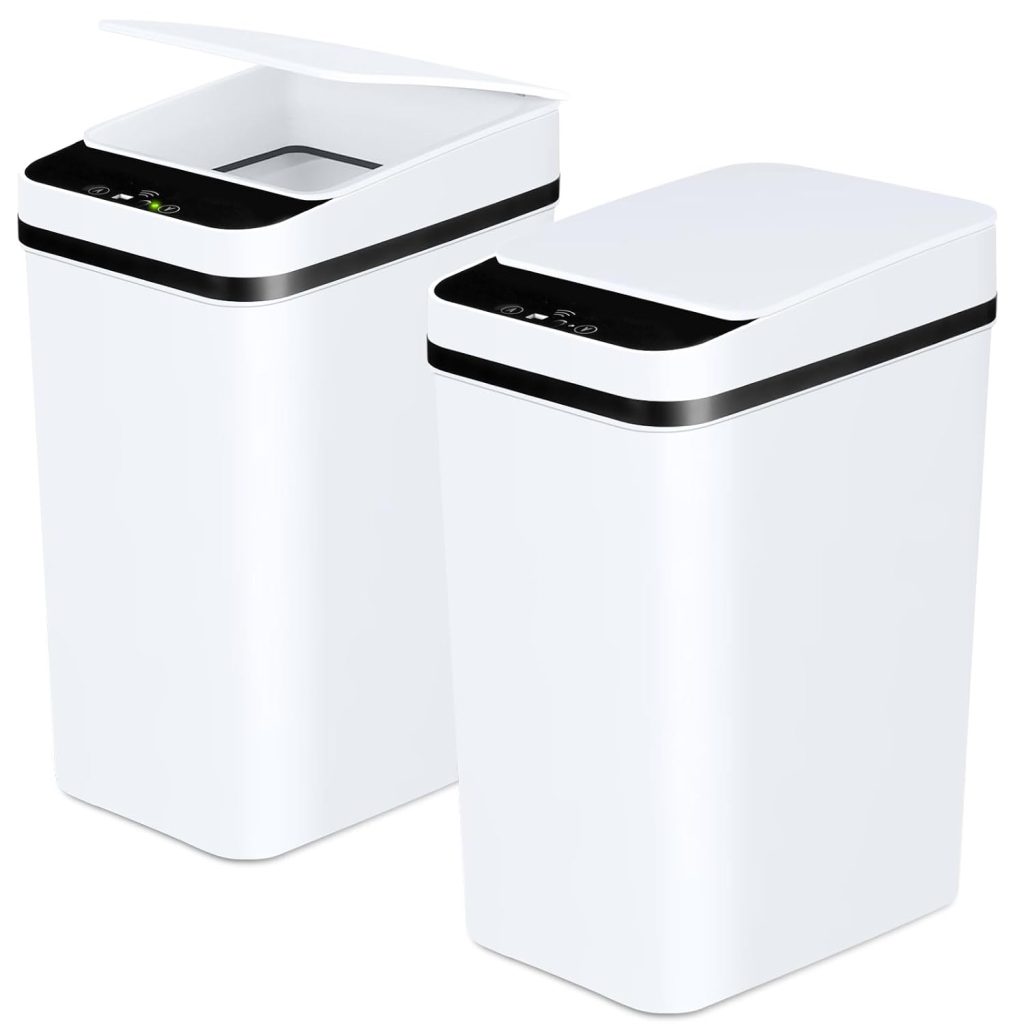Anborry Bathroom Trash Cans with Lid 2 Pack 2.2 Gallon Touchless Automatic Motion Sensor Small Slim Garbage Can, Smart Electric Narrow Garbage Bin for Bedroom Office Kitchen (White)