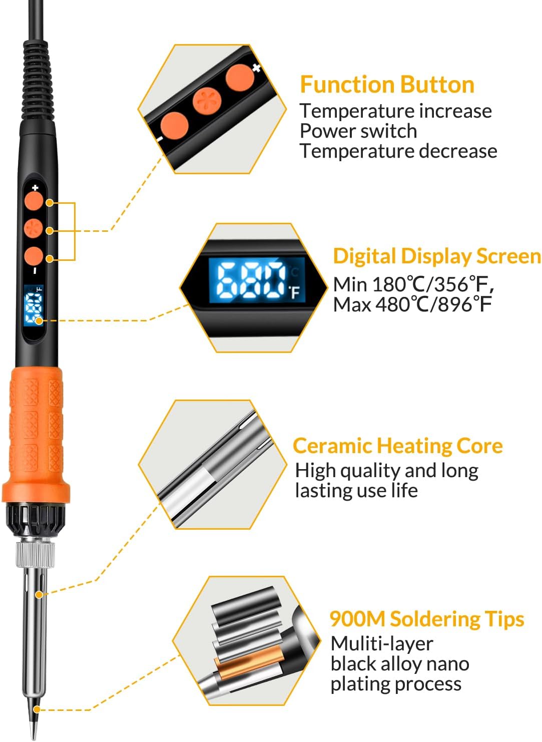 Soldering Iron Kit, 100W High Power Soldering Iron, Fast Heating, Digital Display Temperature Control Accurate 356°F-896°F, Portable Soldering Kit with Protective Cap, Automatic Sleep Mode - Image 7