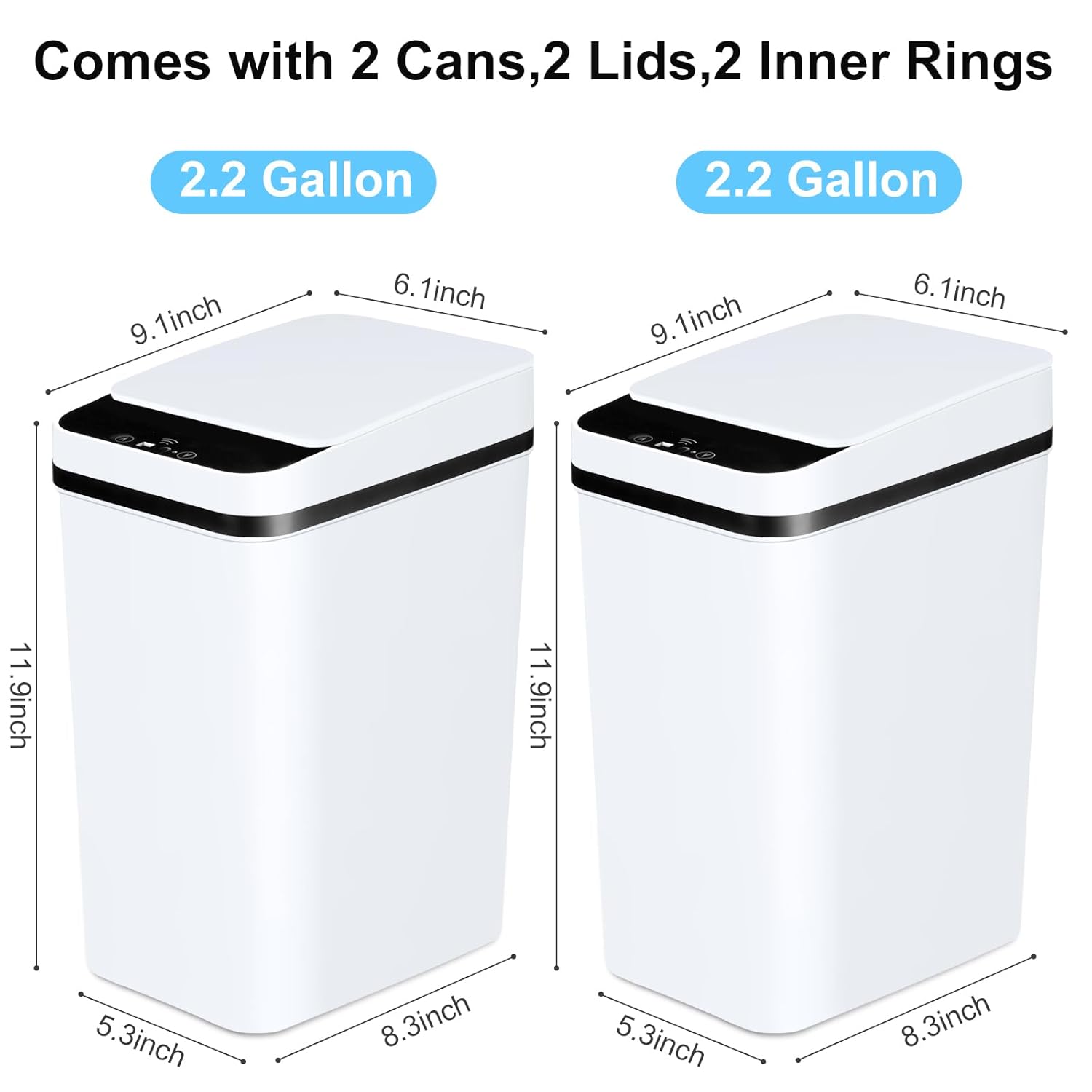 Anborry Bathroom Trash Cans with Lid 2 Pack 2.2 Gallon Touchless Automatic Motion Sensor Small Slim Garbage Can, Smart Electric Narrow Garbage Bin for Bedroom Office Kitchen (White) - Image 2